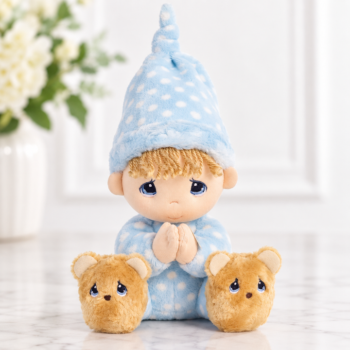 Prayer Boy Jesus Loves Me blue plush doll with teddy bear slippers