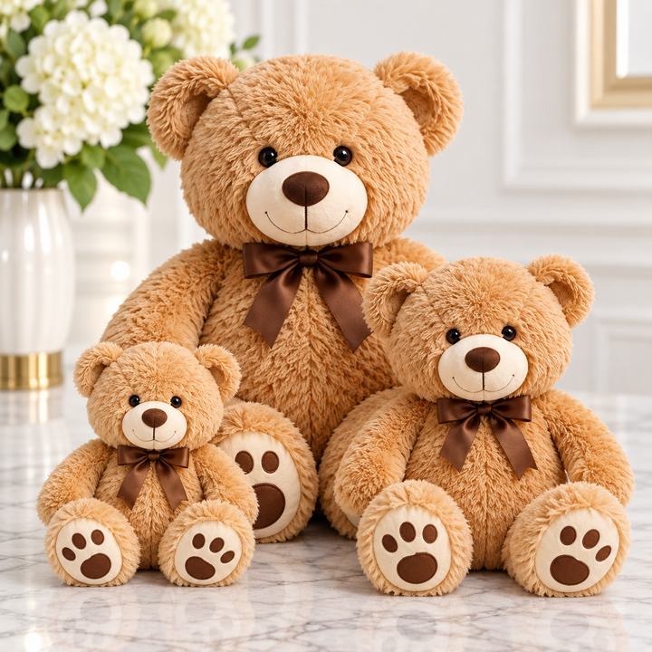 Teddy bears in three sizes - Small, Medium and Large with brown bow ties