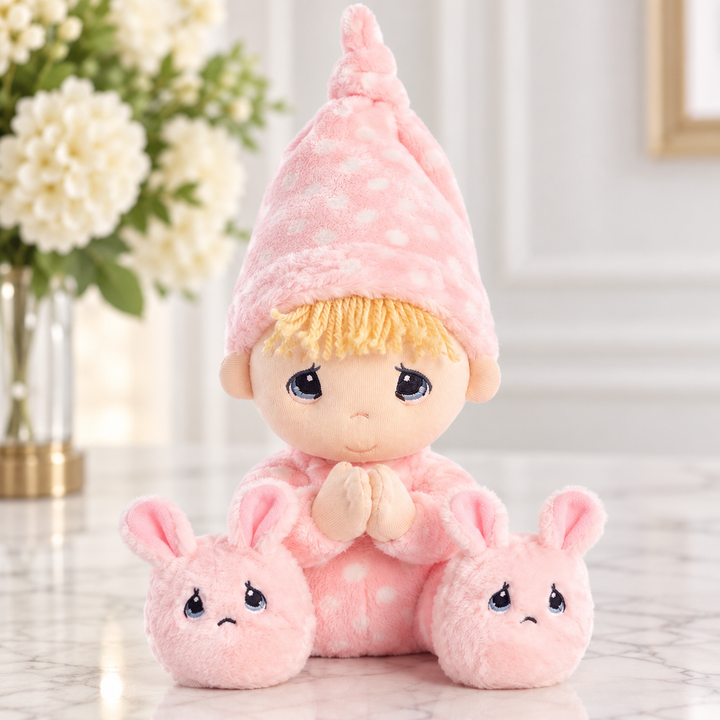 Prayer Girl Jesus Loves Me pink plush doll with bunny slippers